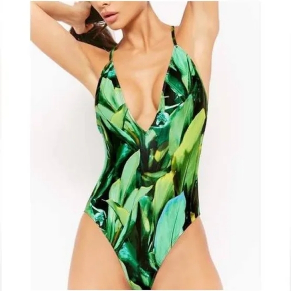 Forever 21 Leaf print One-piece bathing suit Small Green deep v strappy back - Picture 1 of 6